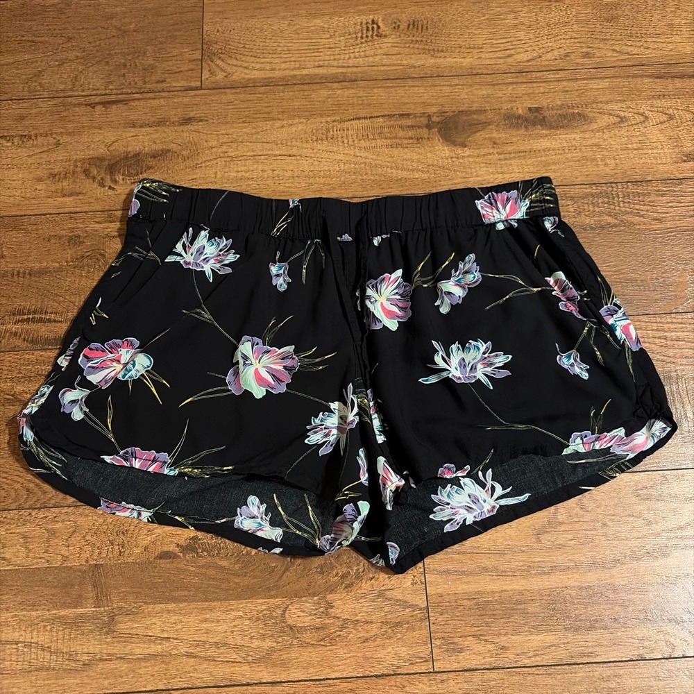 Vans Floral Print Shorts Black Purple Pink Lily Elastic Waist Drawstring Large